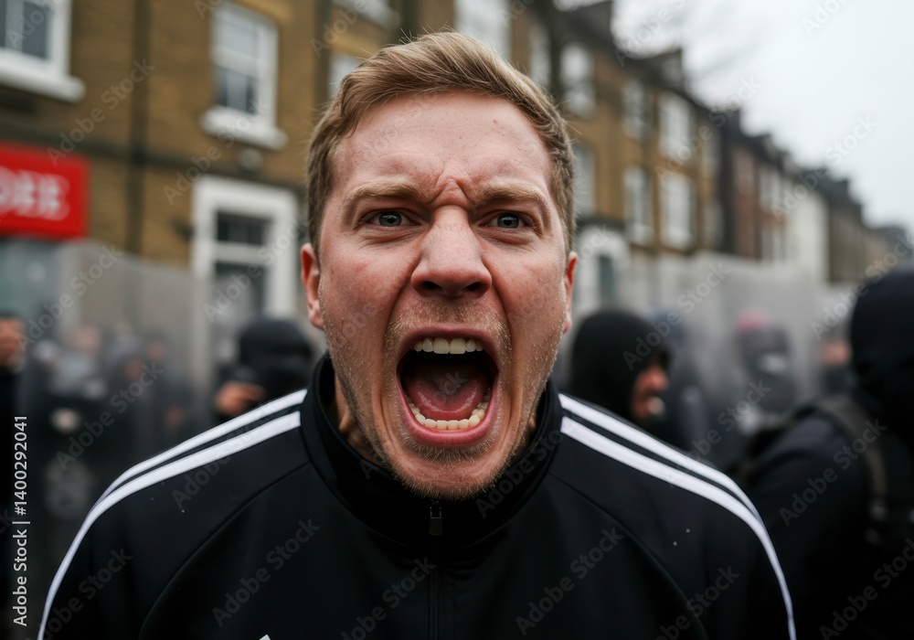 Furious man screaming at protest, demonstrating against inequity and social injustice, street demonstration for awareness, angry expression with outrage shout.