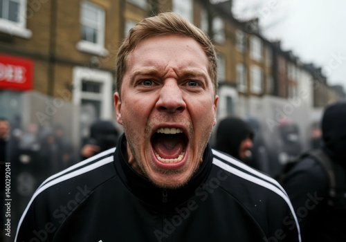 Obraz na płótnie Furious man screaming at protest, demonstrating against inequity and social injustice, street demonstration for awareness, angry expression with outrage shout. w salonie