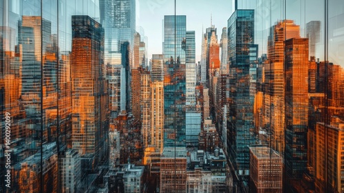 Urban architecture mirrored on glass building surfaces