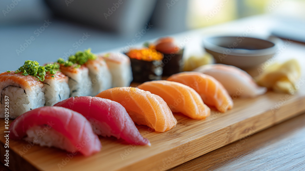 Delicious sushi platter: fresh tuna, salmon nigiri, and california rolls on wooden board, japanese cuisine Delicious sushi platter: fresh tuna, salmon nigiri, and california rolls on wooden board, japanese cuisine
