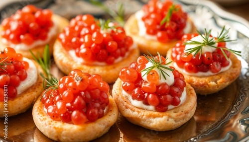 Wallpaper Mural Red caviar on traditional Russian blinis (mini pancakes), garnished with sour cream and dill Torontodigital.ca