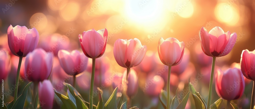 A vibrant field filled with pink tulips surrounded by lush green leaves. A vibrant field filled with pink tulips surrounded by lush green leaves.