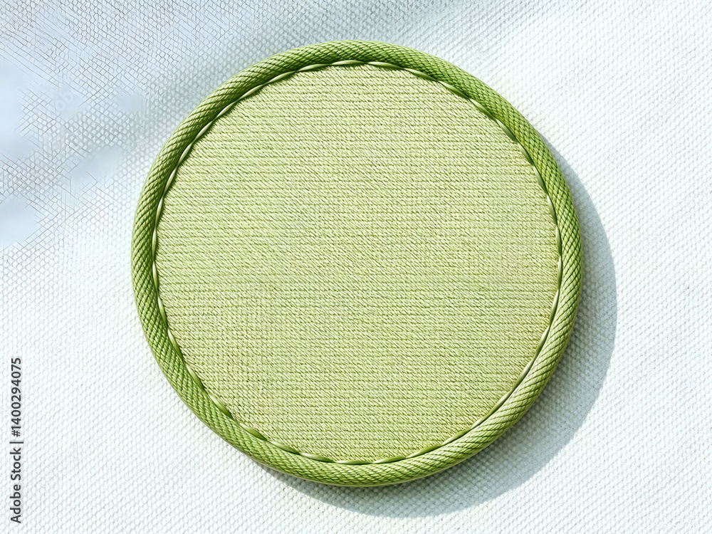 Round green stitched patch on neutral fabric background, perfect for clothing label or craft themes. Generative AI