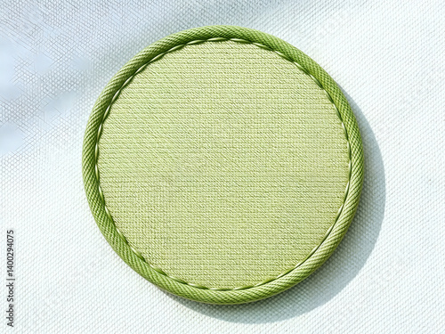 Obraz na płótnie Round green stitched patch on neutral fabric background, perfect for clothing label or craft themes. Generative AI w salonie