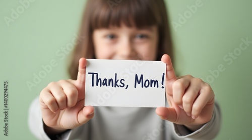 Child Holding “Thanks, Mom!” Card