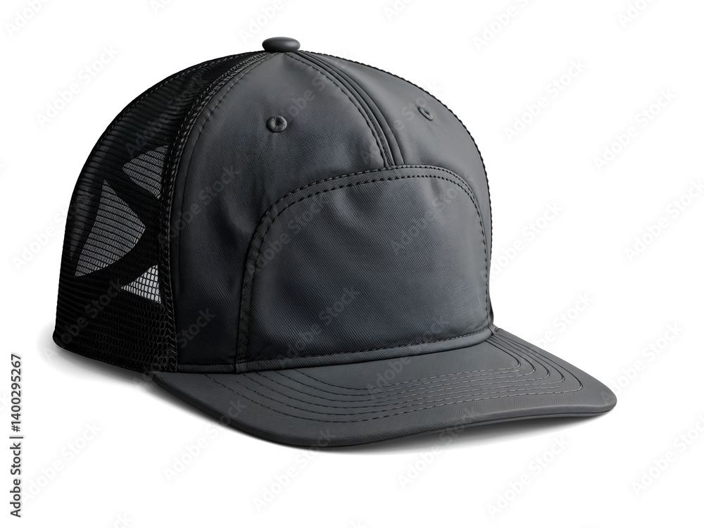 Black snapback cap front view isolated on white background, ideal for fashion and branding mockups. Generative AI
