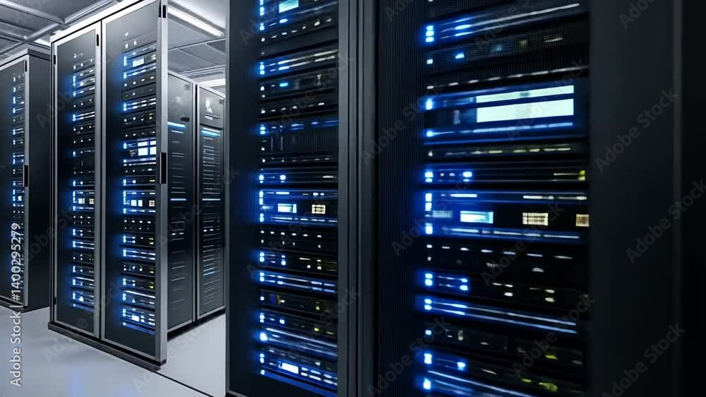Data Center Infrastructure: Server Racks and Blue Lights in a Modern Hosting Facility Data Center Infrastructure: Server Racks and Blue Lights in a Modern Hosting Facility