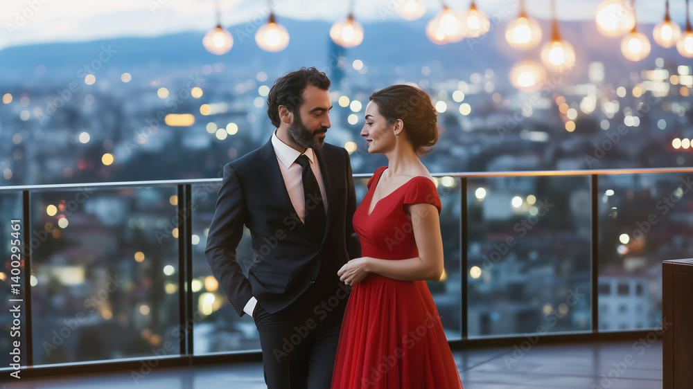 Fototapeta premium Elegant Turkish couple on rooftop at sunset dressed formally in evening elegance, he in a black suit, she in a red dress