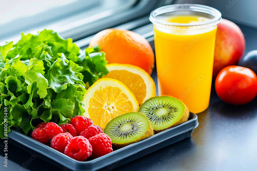 A tray of fruit and vegetables next to a glass of orange juice A tray of fruit and vegetables next to a glass of orange juice