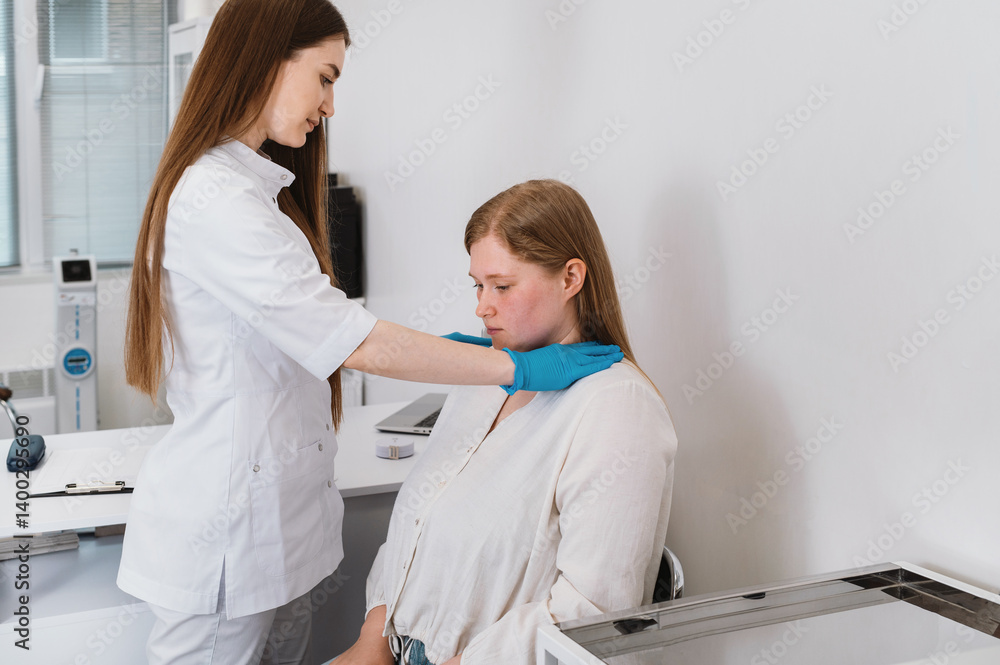 Fototapeta premium Endocrinologist in rubber gloves palpates lymph nodes and thyroid gland in overweight patient with acne. Hormonal imbalance and diabetes. Insulin resistance 