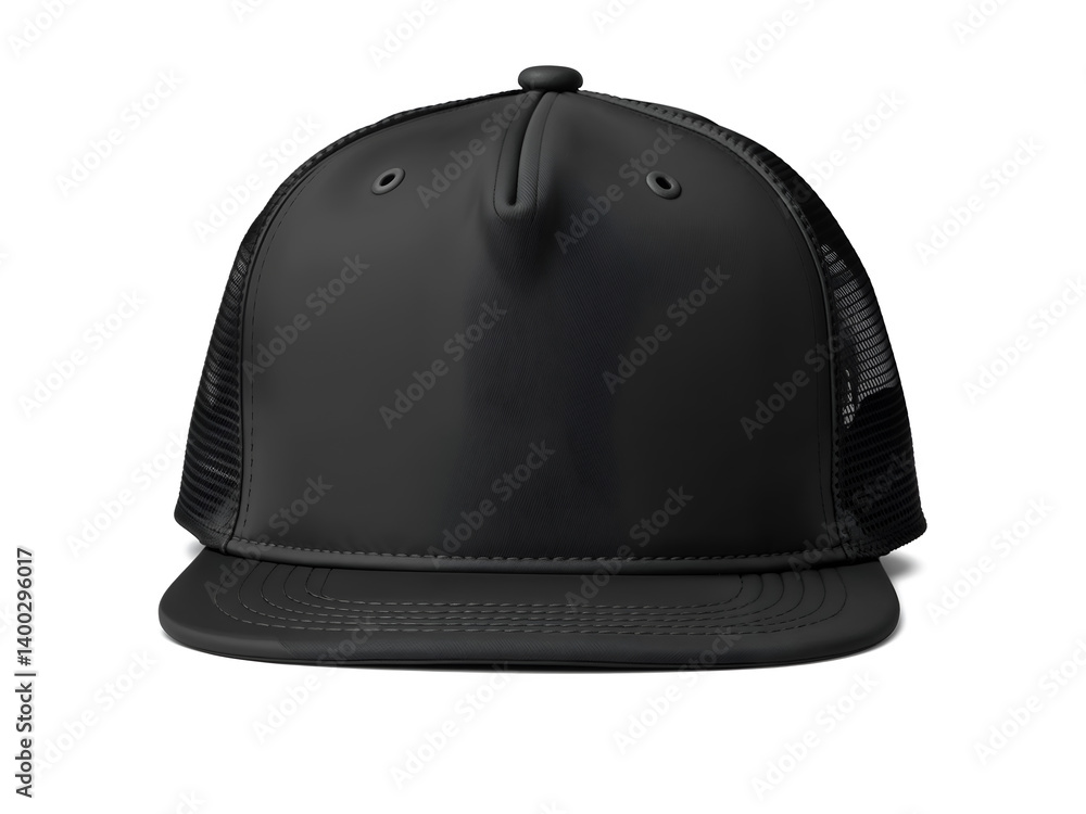Black snapback cap front view isolated on white background, ideal for fashion and branding mockups. Generative AI
