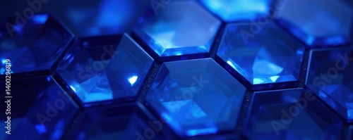 Intersecting sapphire hexagons and squares against a midnight blue, dark, composition, sharp