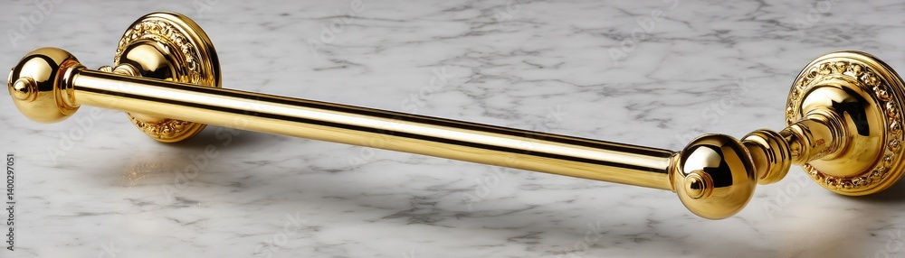 Obraz premium A shiny gold towel bar with ornate end caps sits against a marble surface, showcasing elegant design and luxurious finish.
