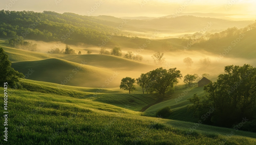 Obraz premium Misty Sunrise over Rolling Hills