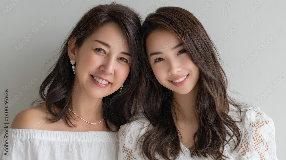 a Japanese mother and daughter smiling at the camera, wearing white , with a simple background, bright natural lighting a Japanese mother and daughter smiling at the camera, wearing white , with a simple background, bright natural lighting