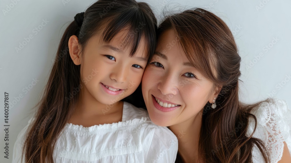 a Japanese mother and daughter smiling at the camera, wearing white , with a simple background, bright natural lighting a Japanese mother and daughter smiling at the camera, wearing white , with a simple background, bright natural lighting