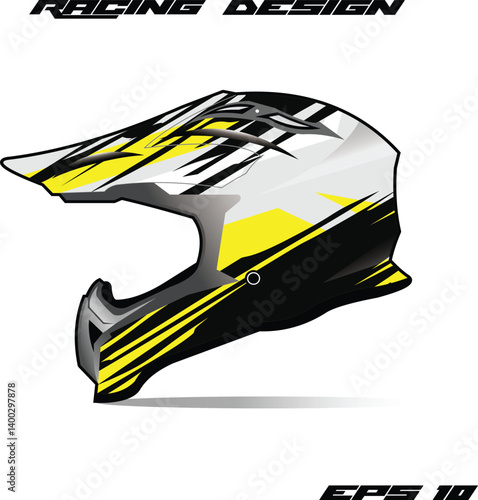 Stylish racing helmet design featuring dynamic graphics in black and yellow, suitable for motorsport events