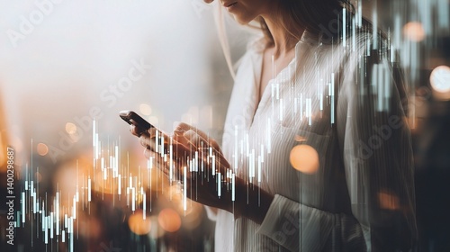 Double Exposure of Financial Graph Overlay with Woman Using Smartphone