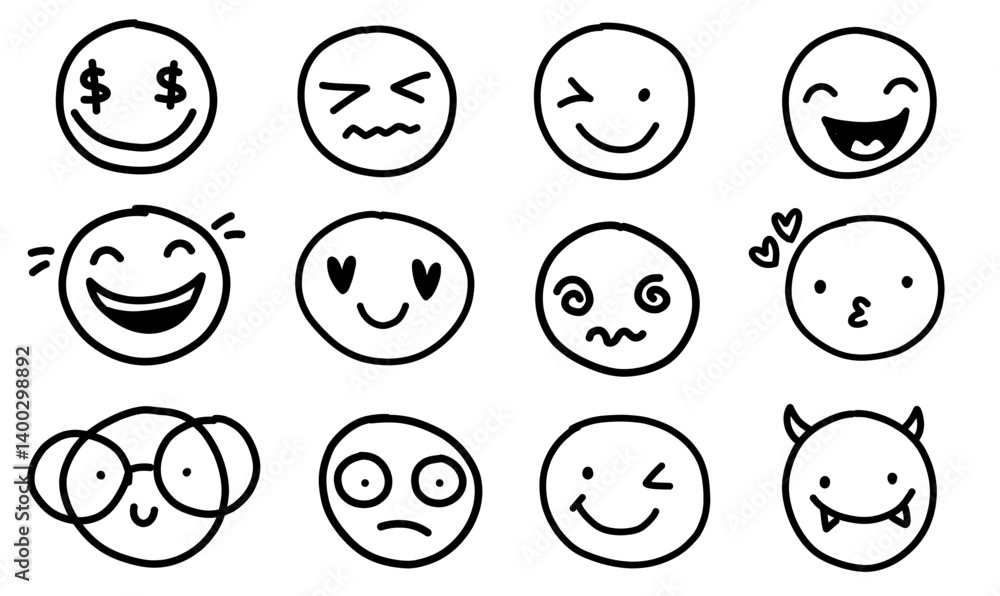 Hand drawn face smile icon line people face emotions set in doodle scribble pencil marker style hand drawn Hand drawn face smile icon line people face emotions set in doodle scribble pencil marker style hand drawn