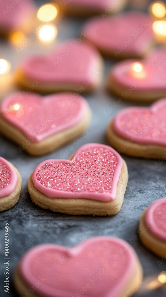 Delicious heart shaped cookies with pink icing and glitter on a gray surface with bokeh lights for valentines day Delicious heart shaped cookies with pink icing and glitter on a gray surface with bokeh lights for valentines day