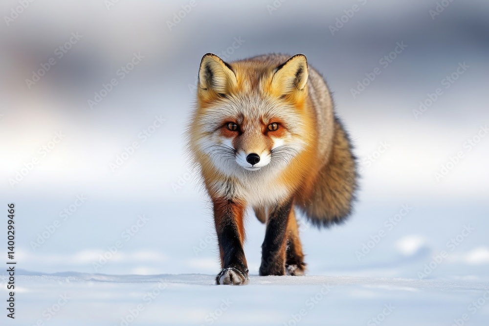 Fototapeta premium A fox walks gracefully across a snowy landscape, showcasing its beautiful fur and keen expression in a serene winter setting.