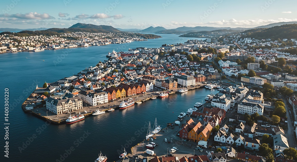 Fototapeta premium Coastal Cityscape: Vibrant Harbor, Majestic Fjord AI Generated