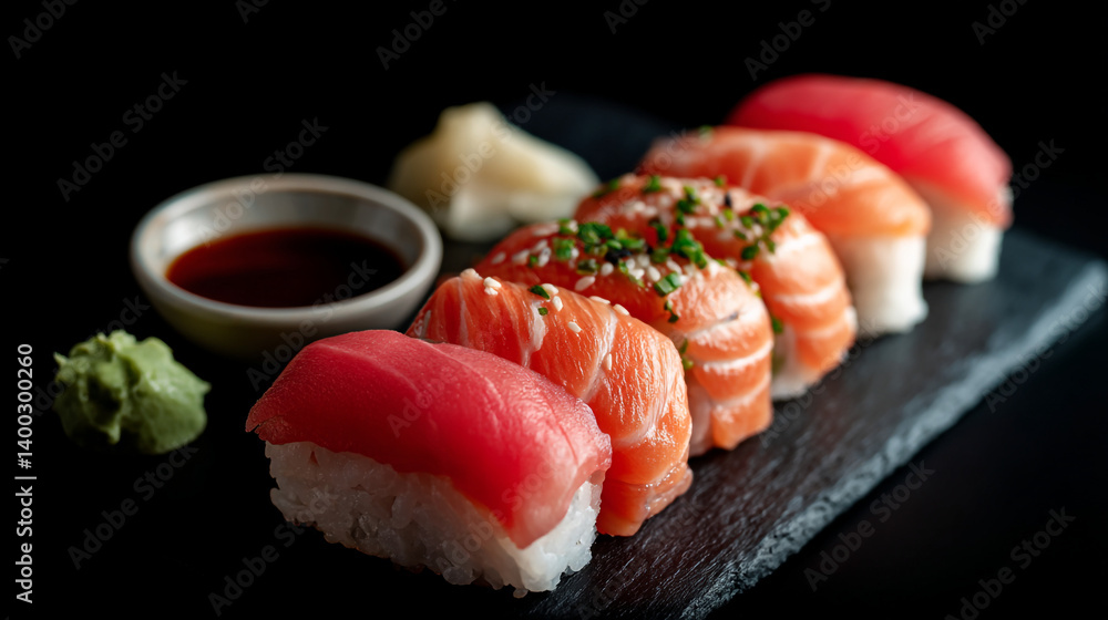 Delicious fresh nigiri sushi platter with salmon and tuna on black slate background studio shot food photography Delicious fresh nigiri sushi platter with salmon and tuna on black slate background studio shot food photography