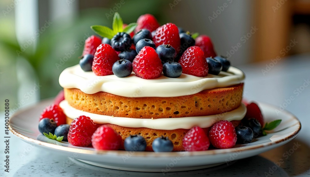 Layered cake topped with cream and fresh berries on a beautiful plate in a bright setting
Layered cake topped with cream and fresh berries on a beautiful plate in a bright setting
