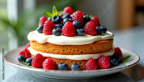 Layered cake topped with cream and fresh berries on a beautiful plate in a bright setting
