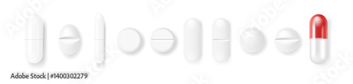 Vector 3d Realistic White Medical Pill Icon Set Closeup Isolated on Transparency Grid Background. Design template of Pills, Capsules for graphics, Mockup. Medical and Healthcare Concept. Top View