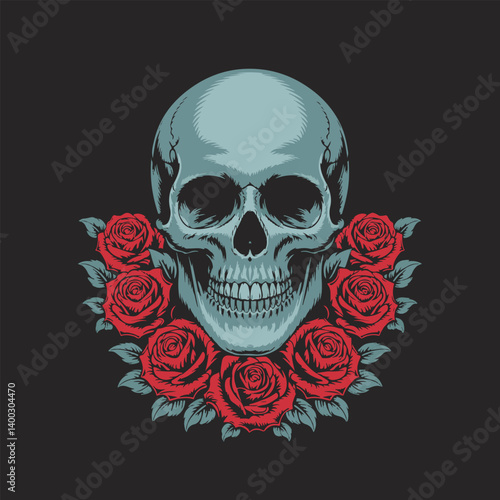 Gothic Skull with Red Roses Vector Illustration 