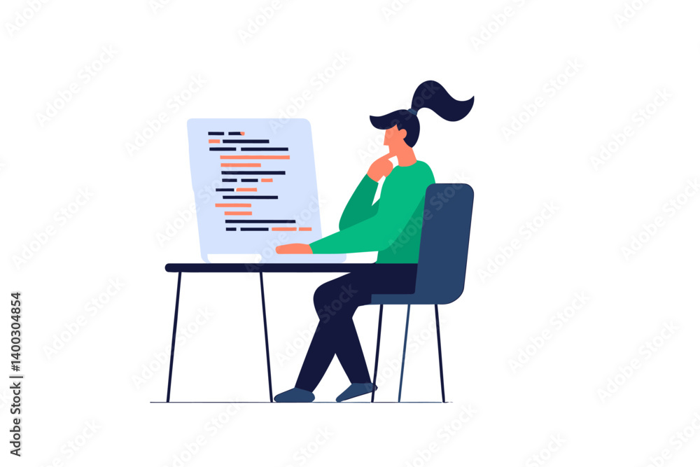 Fototapeta premium Focused Female Programmer Coding on Computer Software Development Illustration