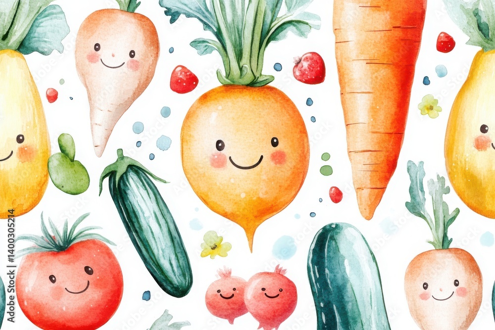 Colorful, cheerful illustration of smiling vegetables including carrots, tomatoes, and cucumbers, showcasing a playful, whimsical style.