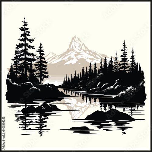 mountain landscape with lake silhouette