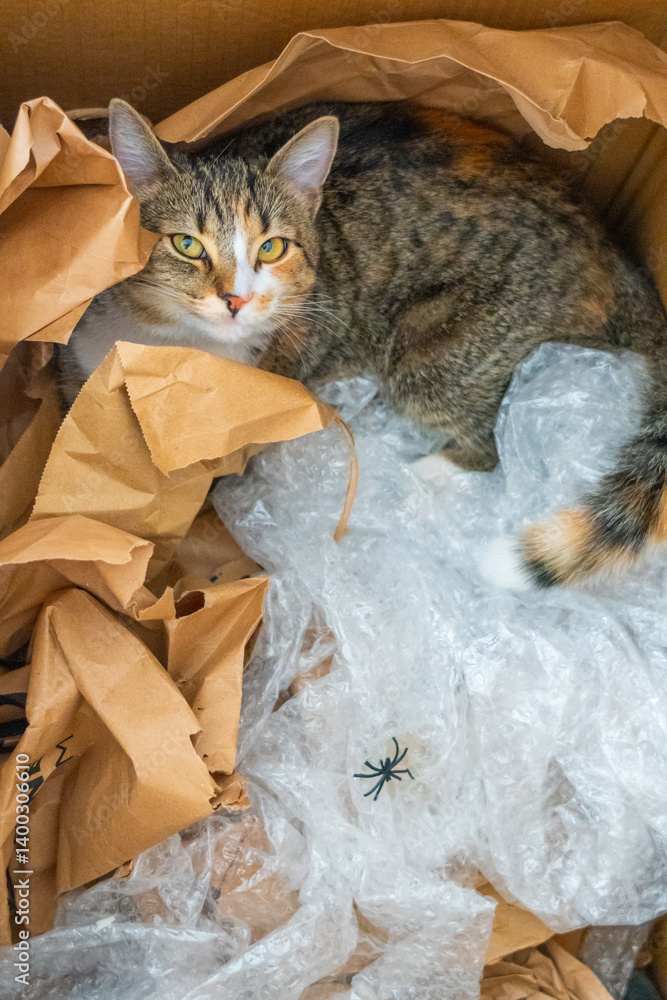 Cat exploring a cardboard box filled with crumpled paper and bubble wrap beside an unexpected spider at home