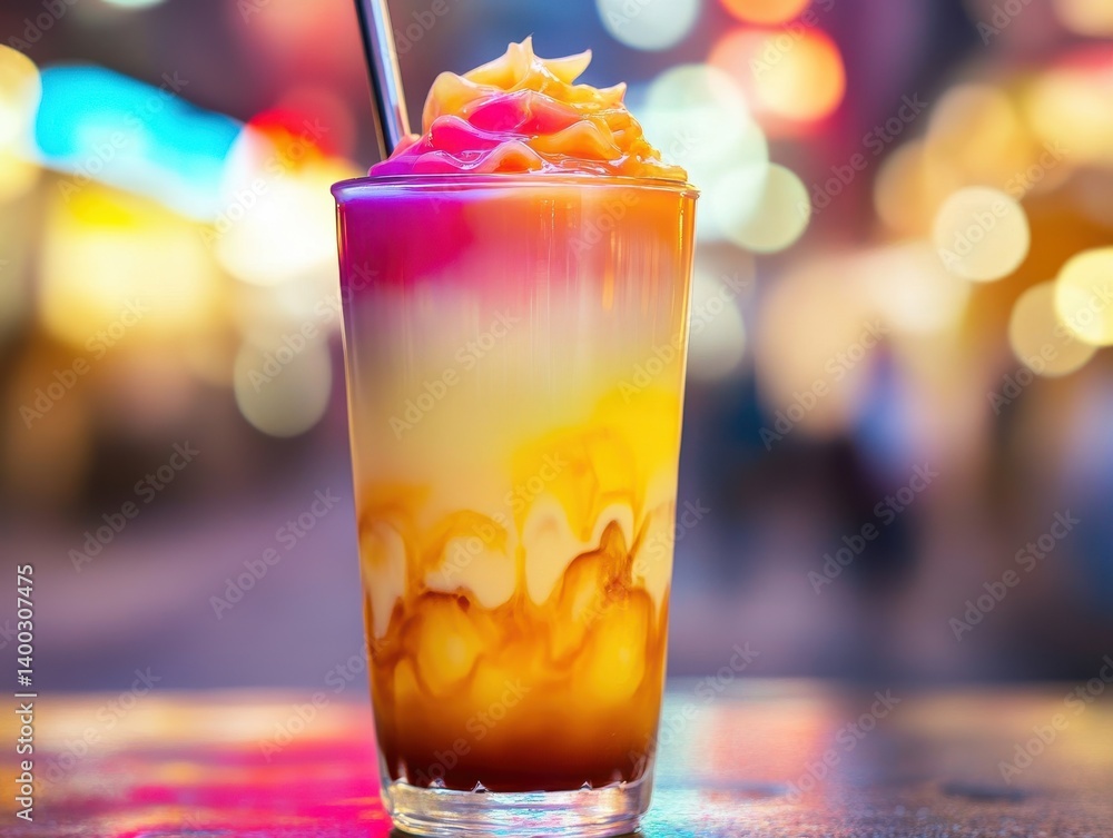 Creamy Thai milk tea with color gradient in tall glass, street-style background Creamy Thai milk tea with color gradient in tall glass, street-style background