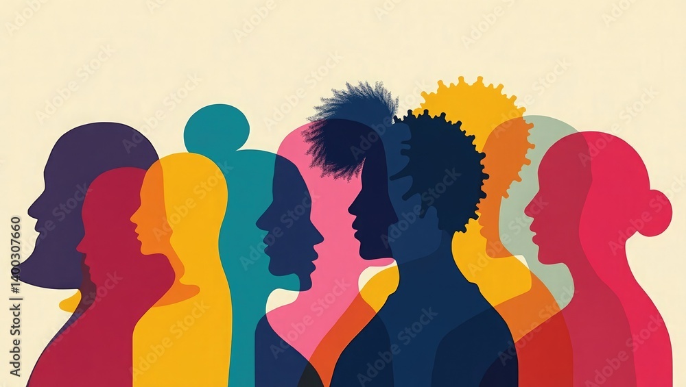 Colorful Silhouettes of Diverse People Overlapping on Light Background Colorful Silhouettes of Diverse People Overlapping on Light Background
