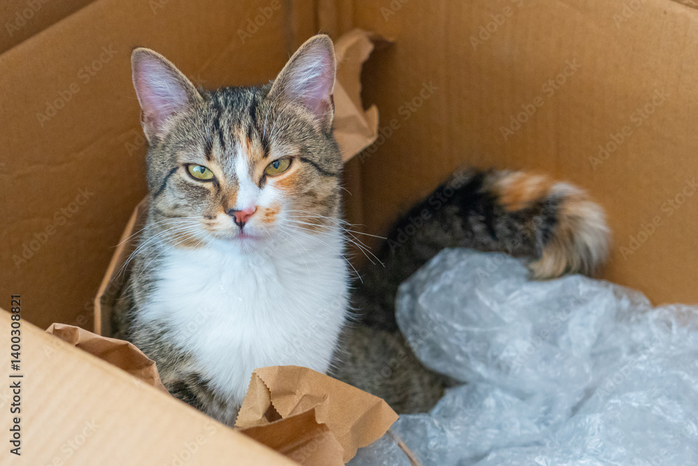 Curious cat exploring a cardboard box filled with packing material in a cozy indoor setting