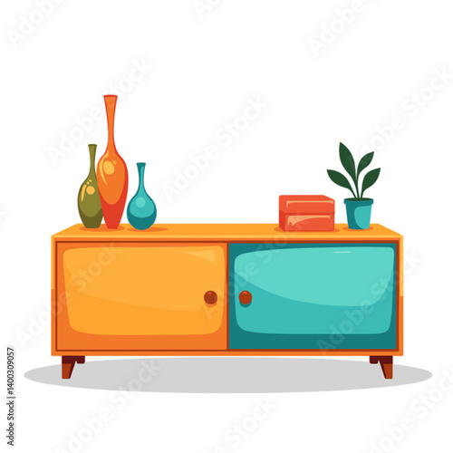 Colorful sideboard with decorative vases and a plant  