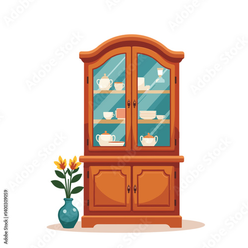 Wooden display cabinet with china and flowers in a vase  