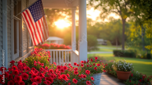 American flag on welcoming porch with red flowers glowing in warm sunset light. Patriotic summer holiday background.