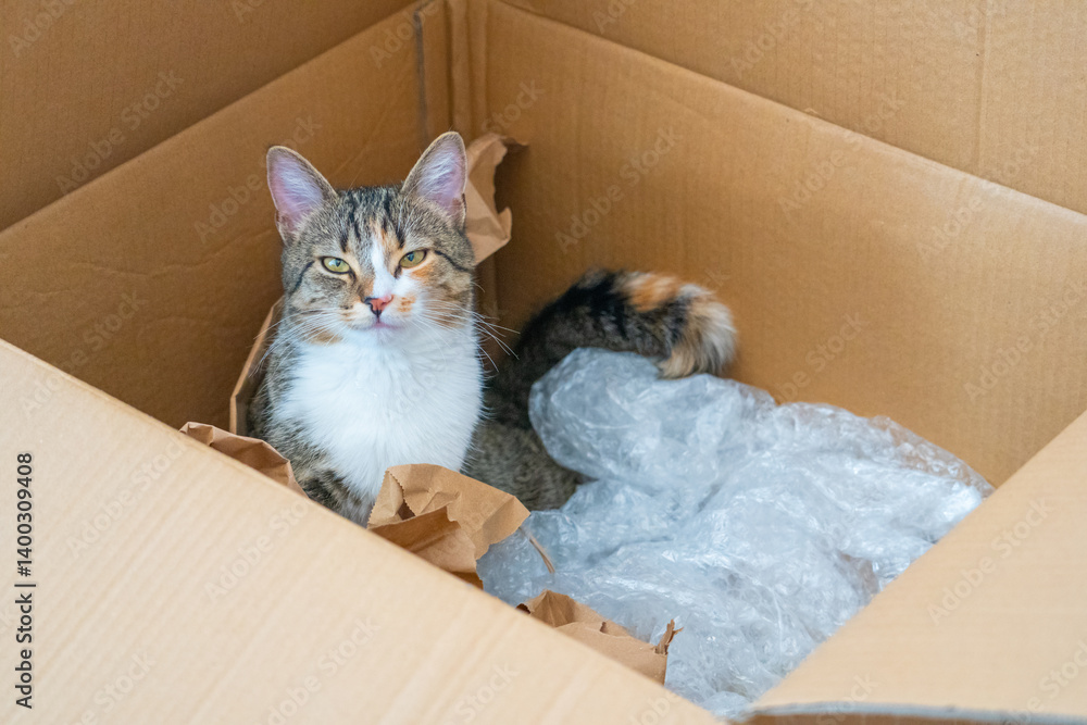 Curious cat explores a cardboard box filled with packing materials at home in the afternoon