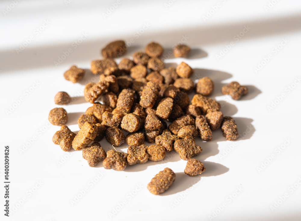 Obraz premium Dry pet food in sunlight, dog kibble pile, scattered puppy pellets, small canine protein croquette