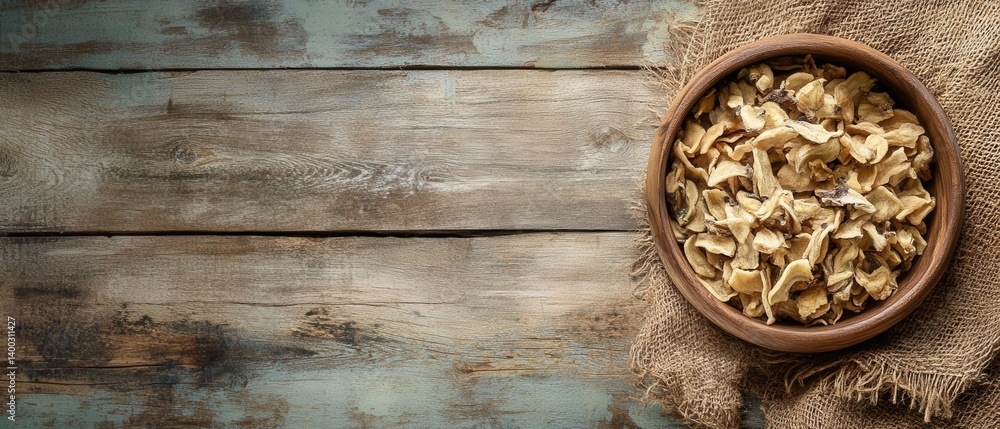 Rustic Charm Bowl of Dried Fruit on Weathered Wood Tabletop with Burlap Backdrop for Natural Health and Wellness Rustic Charm Bowl of Dried Fruit on Weathered Wood Tabletop with Burlap Backdrop for Natural Health and Wellness