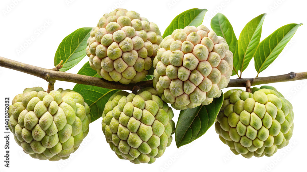 Fototapeta premium Fresh Custard Apples on Branch with Green Leaves isolated on Transparent Background
