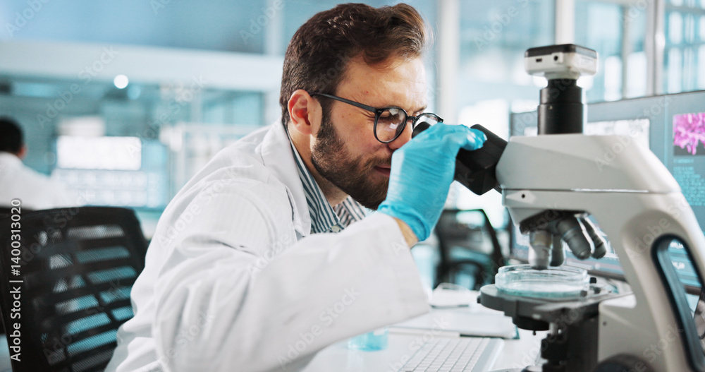 Scientist, man and medical study with microscope at lab with sample, review and glasses for pharma job. Person, gloves and equipment with process for vaccine innovation, trial and clinical research Scientist, man and medical study with microscope at lab with sample, review and glasses for pharma job. Person, gloves and equipment with process for vaccine innovation, trial and clinical research