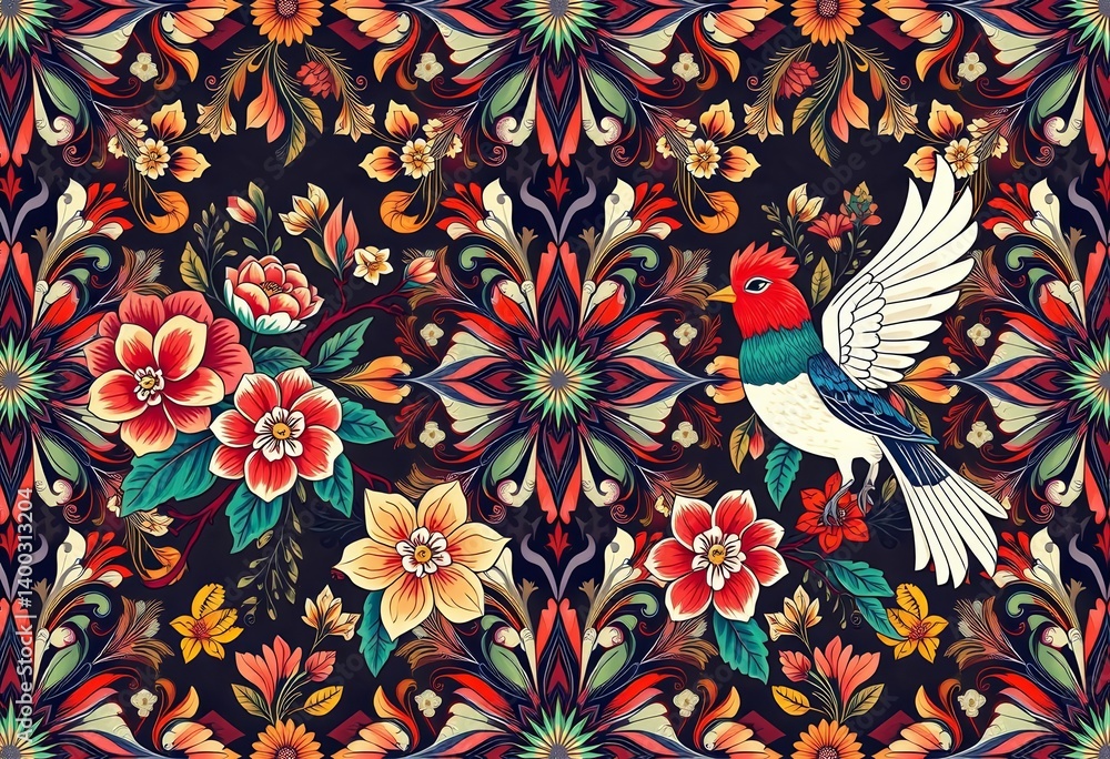 Intricate floral and bird seamless pattern; traditional tile ornament design, vintage, fabric Intricate floral and bird seamless pattern; traditional tile ornament design, vintage, fabric