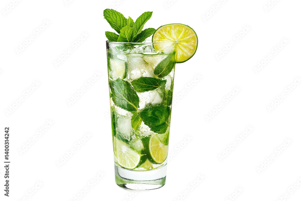 Fresh mojito cocktail with lime slices mint leaves and ice cubes in tall glass isolated on transparent background Fresh mojito cocktail with lime slices mint leaves and ice cubes in tall glass isolated on transparent background