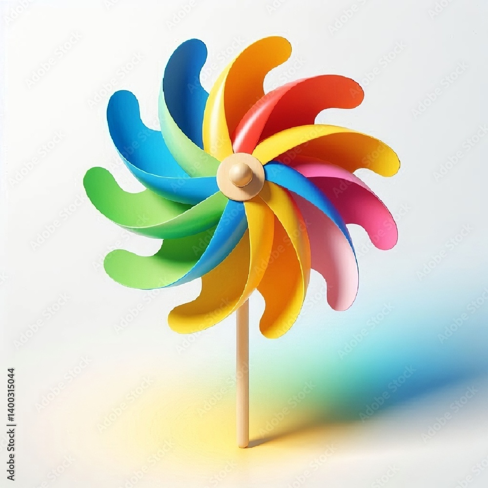 A colorful windmill toy for kids that spins in the wind, colorful petals, paper or plastic, summer decor, fun atmosphere, garden element. AI generated.