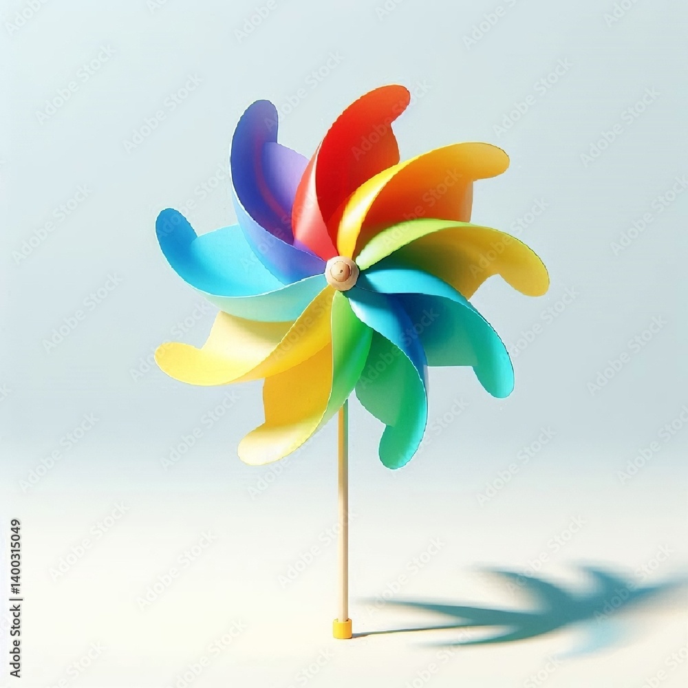 A colorful windmill toy for kids that spins in the wind, colorful petals, paper or plastic, summer decor, fun atmosphere, garden element. AI generated.